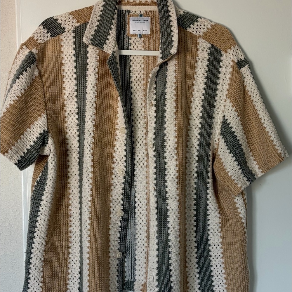 Denim & Flower Tan and Gray Striped Button-Down Shirt